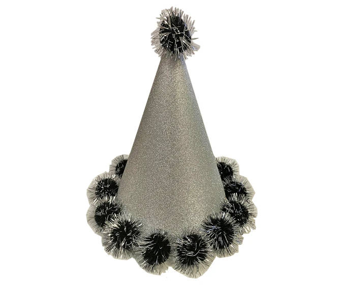 Glitter Feesthoed Zilver + Pompoms 1 Glitter Feesthoed Zilver + Pompoms