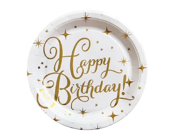 Bordjes Happy Birthday! Wit/Goud (8st) 1 Bordjes Happy Birthday! Wit/Goud (8st)