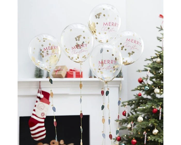 Confetti Ballonnen Merry Christmas + Staartje Ginger Ray (5st) 1 Confetti Ballonnen Merry Christmas + Staartje Ginger Ray (5st)