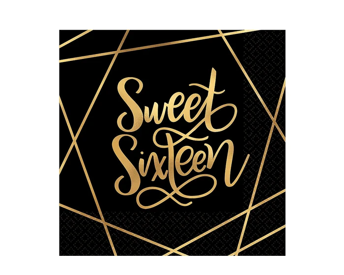 Servetten Sweet Sixteen Zwart/Goud (20st) 1 Servetten Sweet Sixteen Zwart/Goud (20st)
